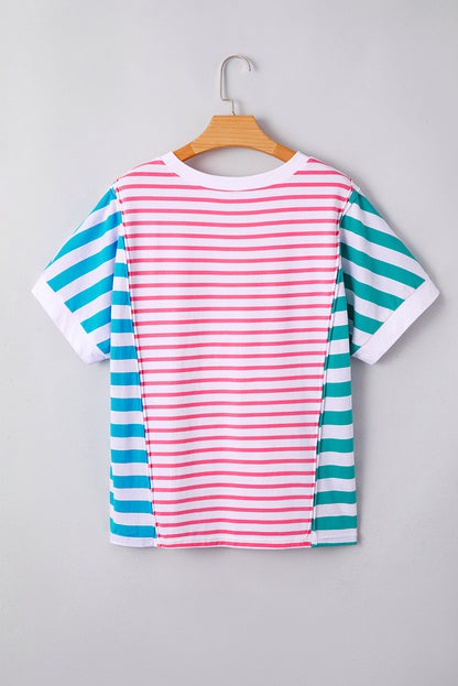 Pink Stripe Mixed Pattern Patchwork Uneven Hem Loose Tee