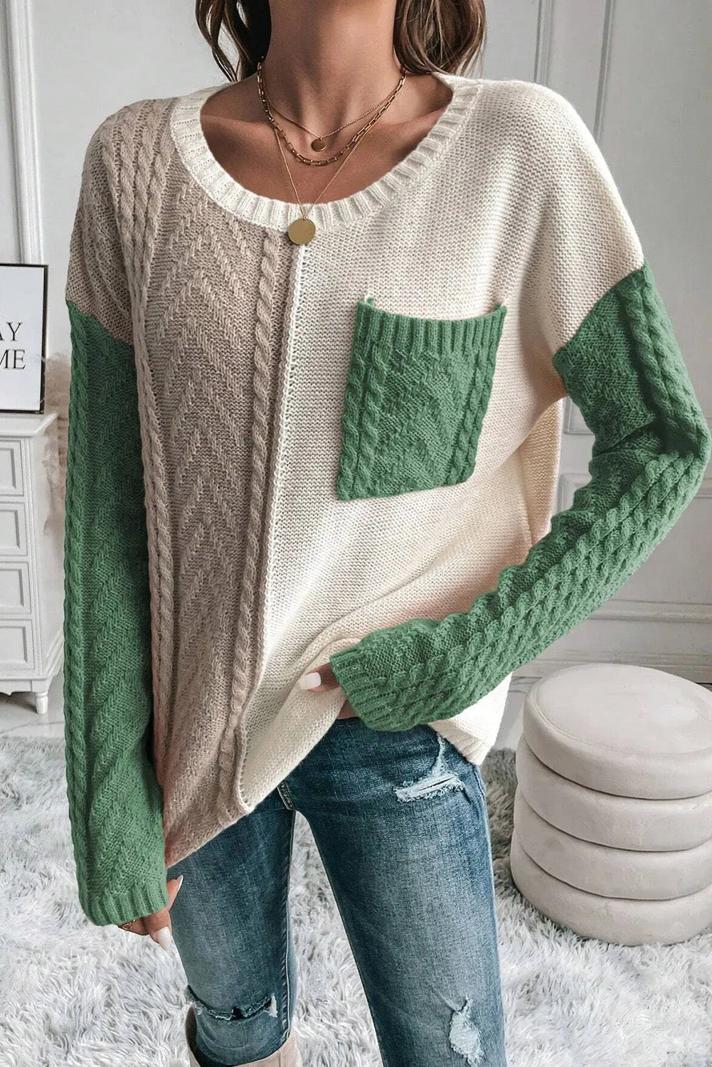 Vineyard Green Colorblock Patched Pocket Drop Shoulder Sweater - Chic Meadow Boutique 