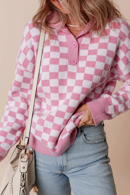 Pink Checkered Buttons Collar V Neck Drop Shoulder Sweater - Chic Meadow Boutique 