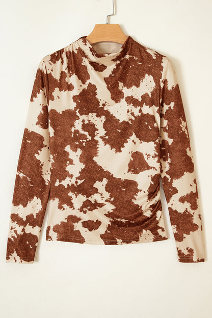 Brown Western Cow Spots Printed High Neck Sheath Long Sleeve Top