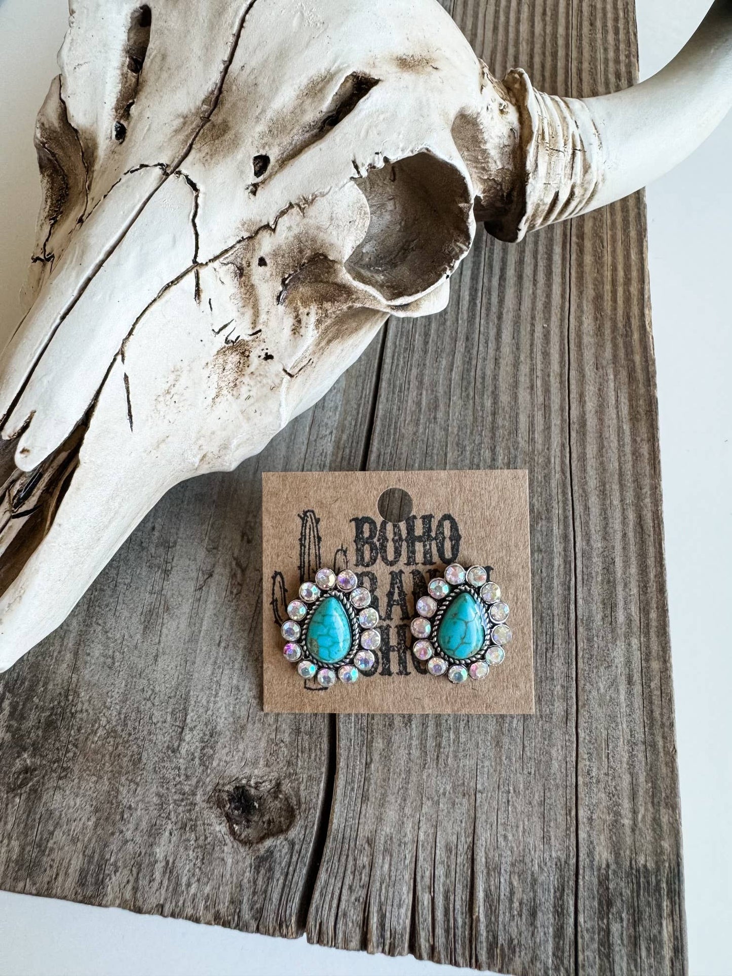 Western Stud Earrings Turquoise teardrop AB rhinestone edge