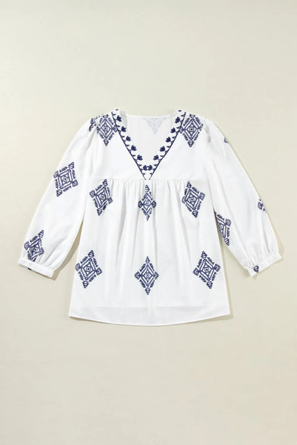 Tops/Blouses & Shirts White Boho Geometric Print Bracelet Sleeve V Neck Blouse