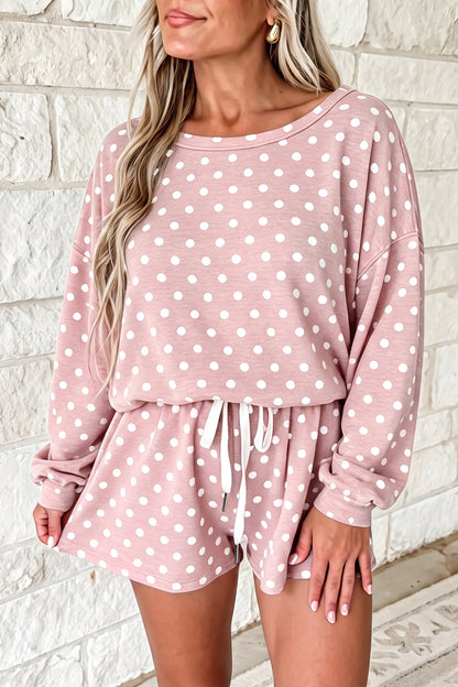 Pink Polka Dot Long Sleeve Top Drawstring Shorts Loose 2pcs Set