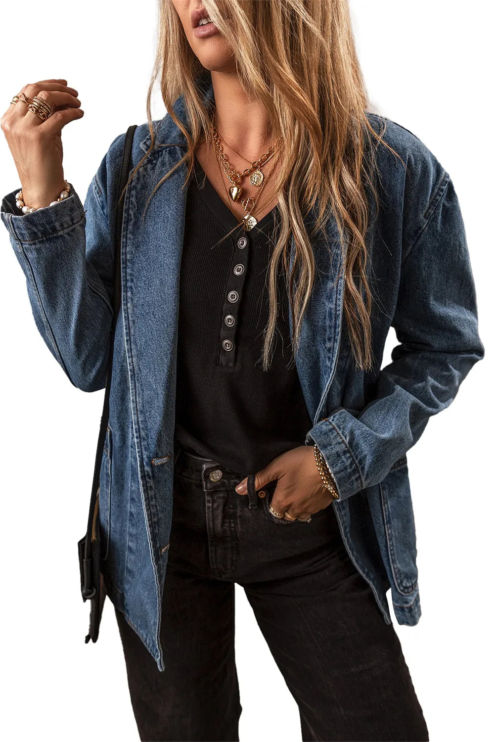 Sail Blue Side Pockets Lapel Collar Denim Jacket - Chic Meadow Boutique 