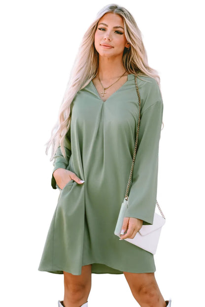 Green Roll-tab Sleeve Flowy Casual Dress - Chic Meadow Boutique 