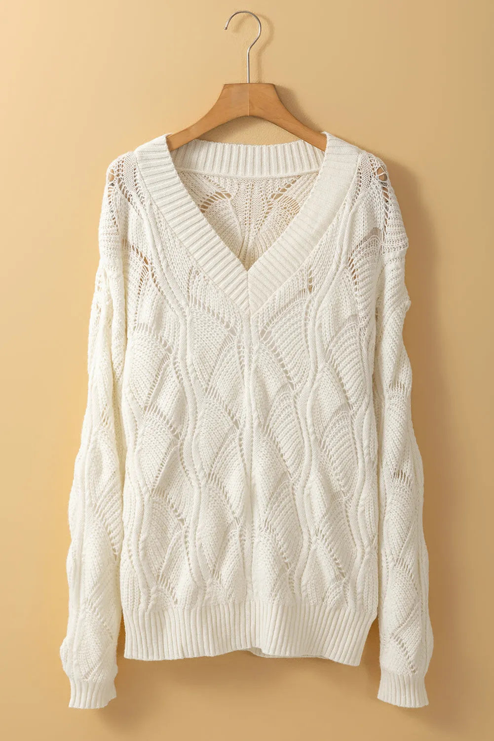 Beige Hollow Out Knit V Neck Drop Shoulder Sweater - Chic Meadow Boutique 