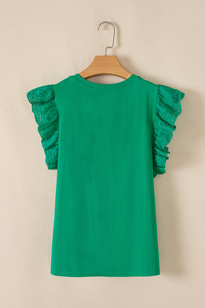 Dark Green Embroidered Ruffled Sleeve Slim Fit Crew Neck Top