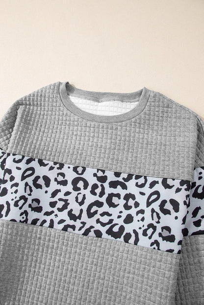 Gray Leopard Quilted Patchwork Crew Neck Sweatshirt - Chic Meadow Boutique 