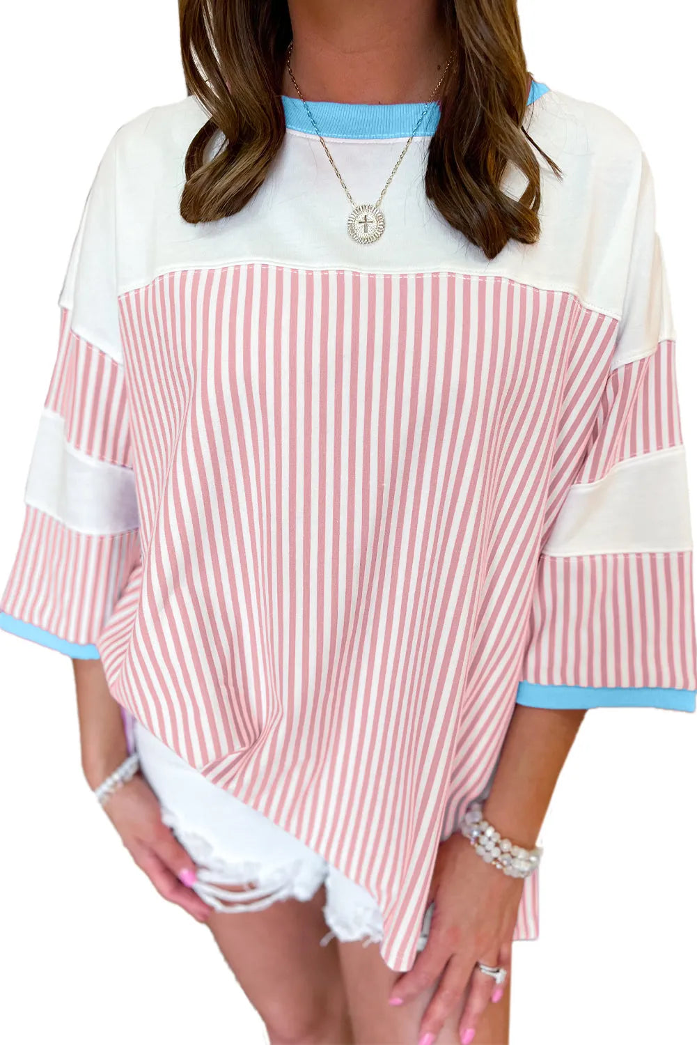 White Stripe Patchwork Bracelet Sleeve Plus Size T Shirt - Chic Meadow Boutique 