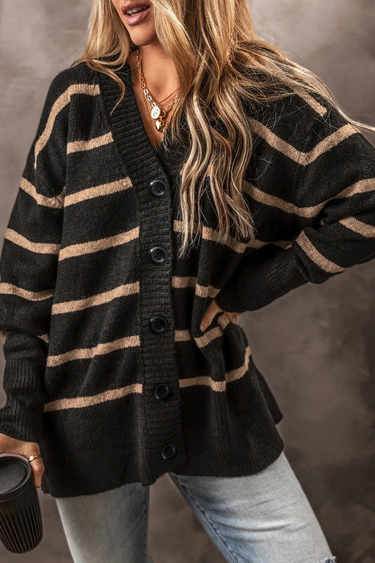 Black Stripe Buttoned V Neck Drop Shoulder Loose Cardigan - Chic Meadow Boutique 