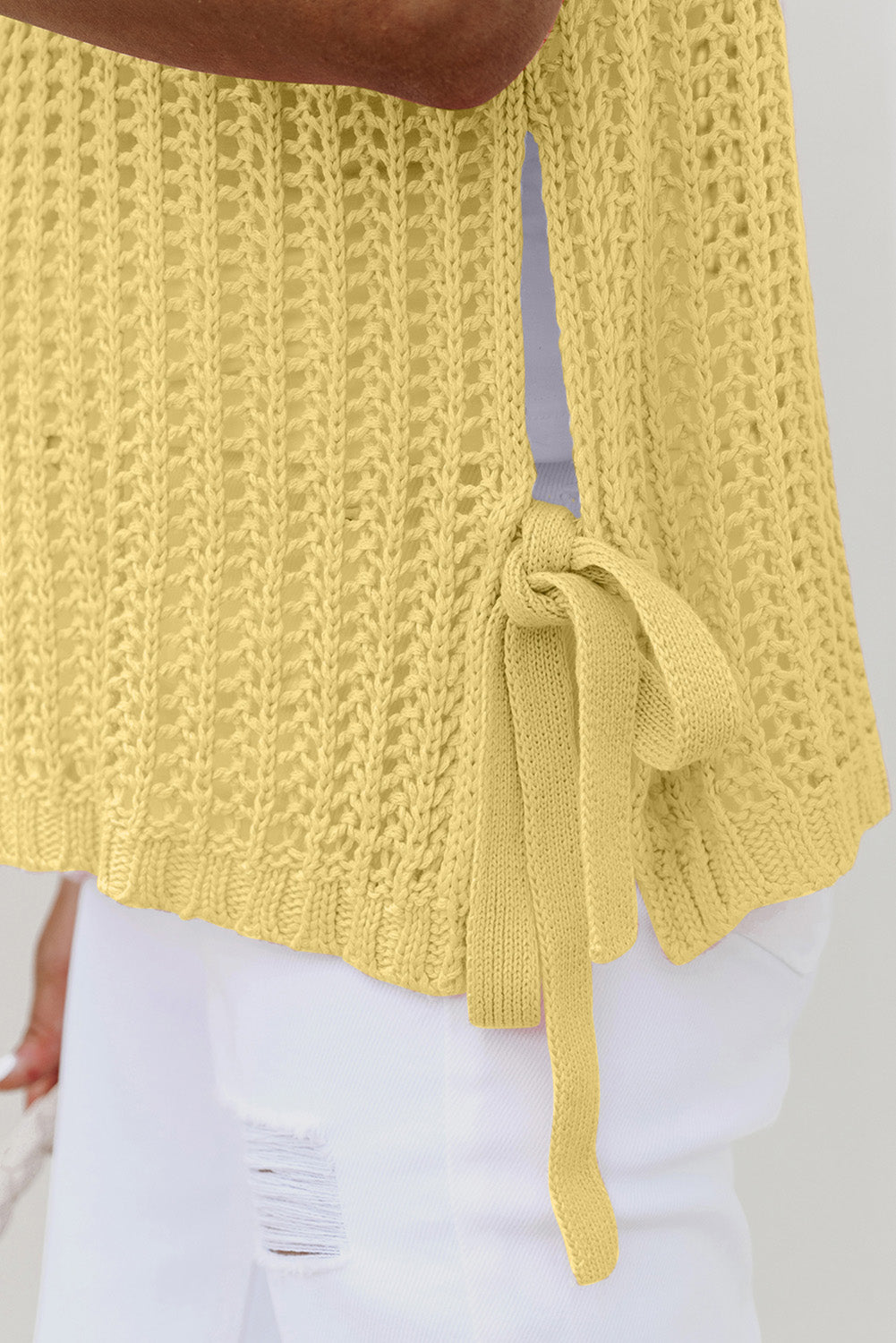 Yellow Cream Hollow-out Crochet Side Tied Short Sleeve Sweater