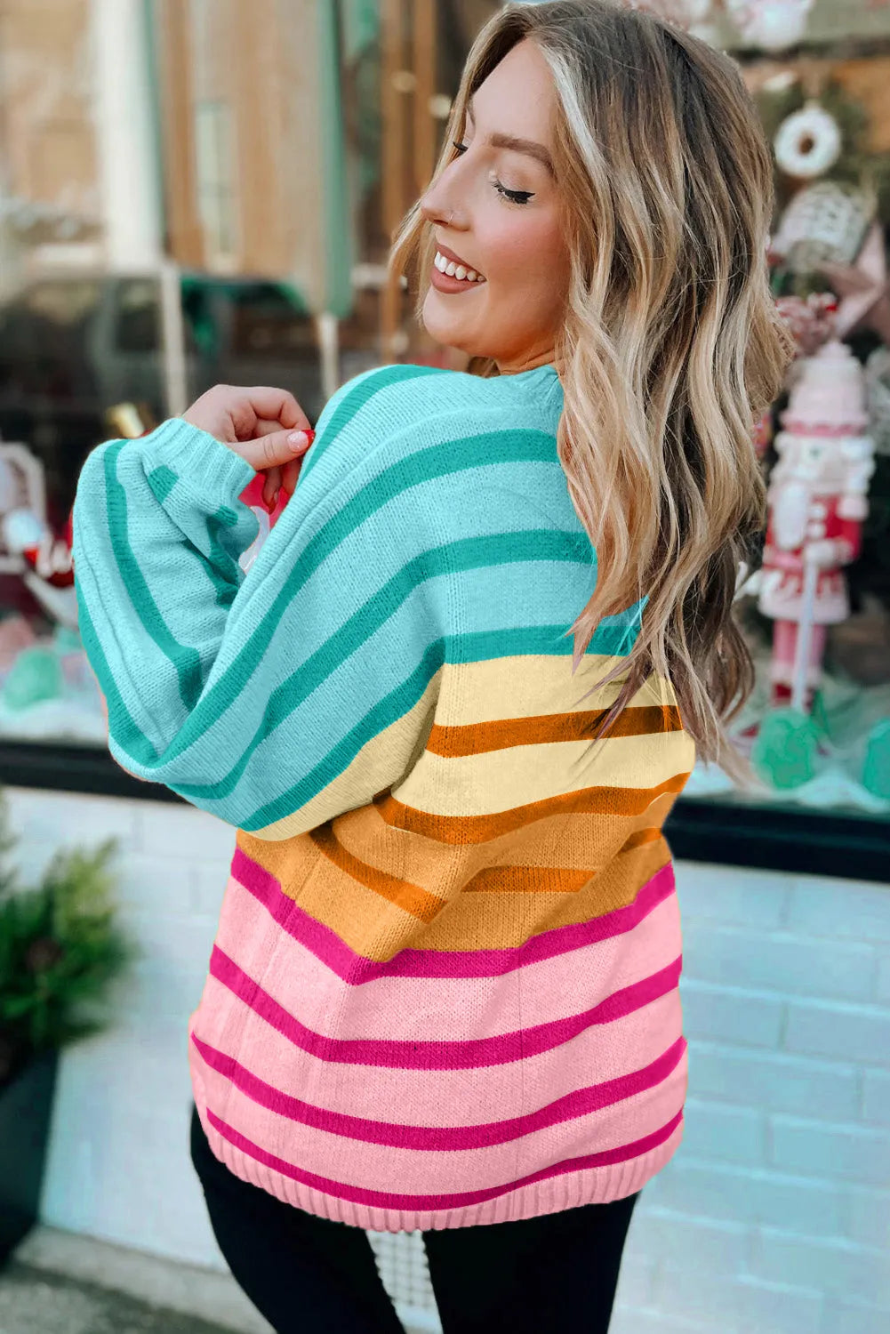 Yellow Stripe Gradient Striped Ribbed Edge Loose Sweater - Chic Meadow Boutique 