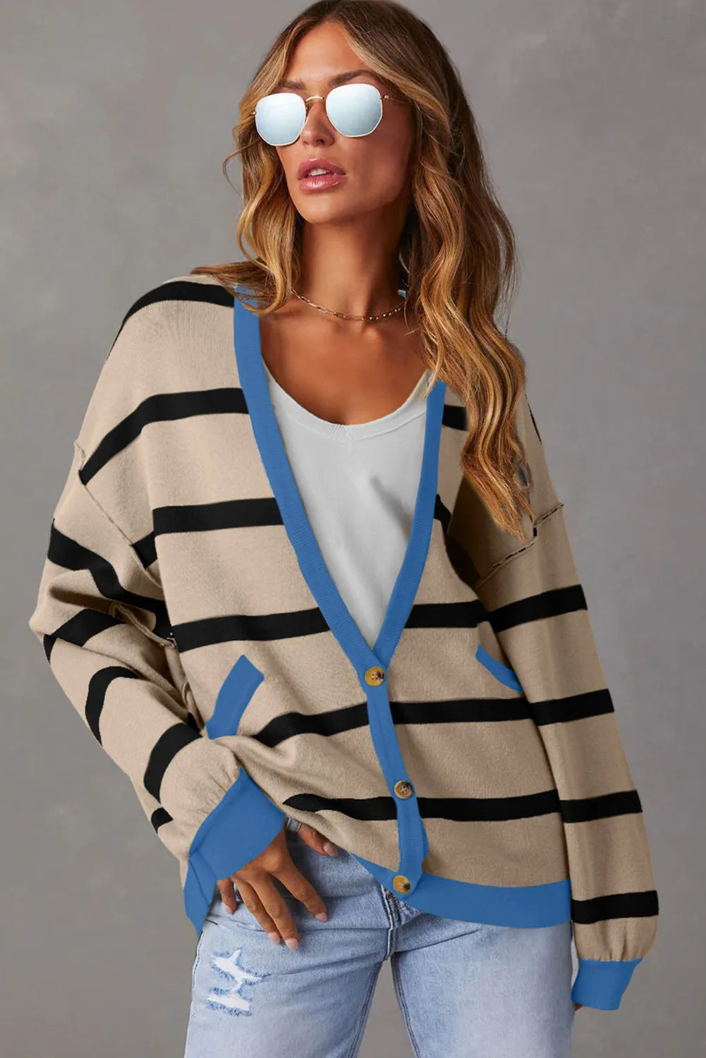 White Colorblock Drop Shoulder Buttoned Loose Cardigan - Chic Meadow Boutique 