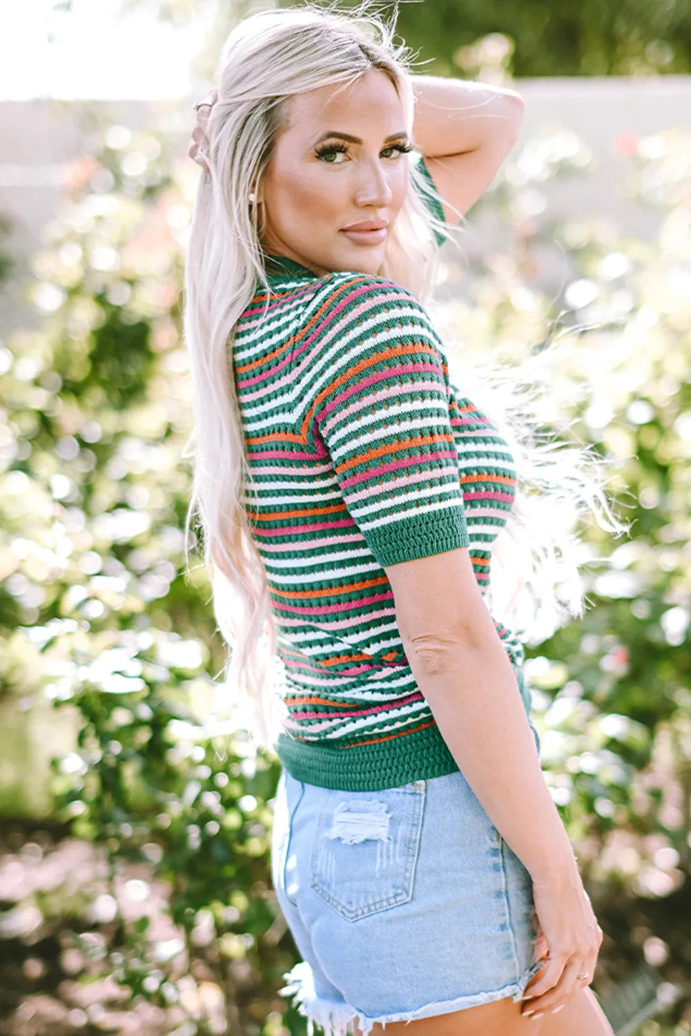 Dark Green Striped Pattern Contrast Trim Pointelle Knit T Shirt - Chic Meadow Boutique 