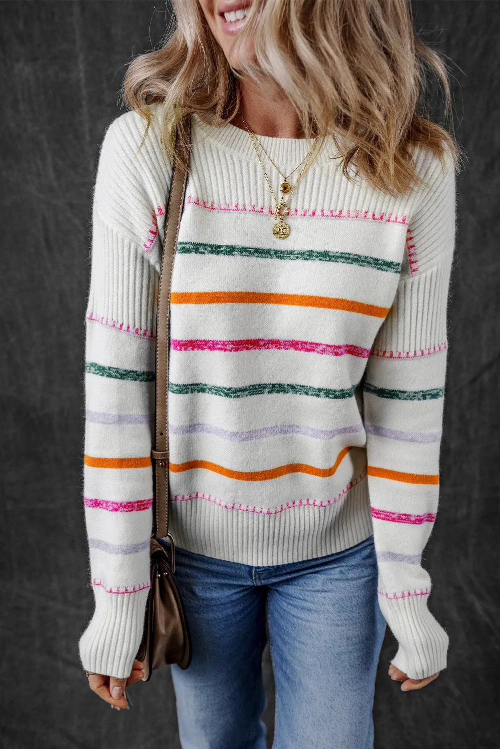 White Colorful Striped Ribbed Trim Sweater - Chic Meadow Boutique 