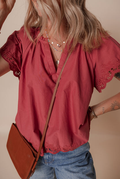 Red Dahlia Floral Embroidered Scallop Trim Short Sleeve V Neck Blouse