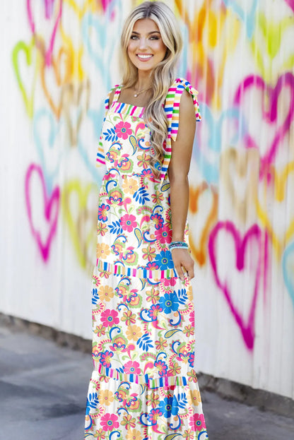 Rose Red Striped Trim Self-tie Straps Floral Maxi Dress - Chic Meadow Boutique 