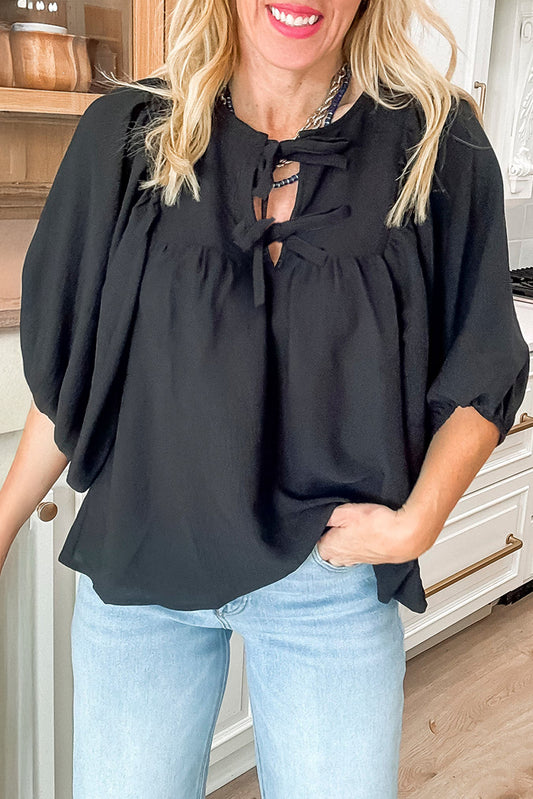 Black Bow Tie Neck 3/4 Sleeve Casual Blouse