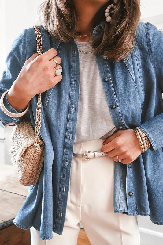 Sky Blue Button-up Long Sleeve Denim Shirt Jacket - Chic Meadow Boutique 