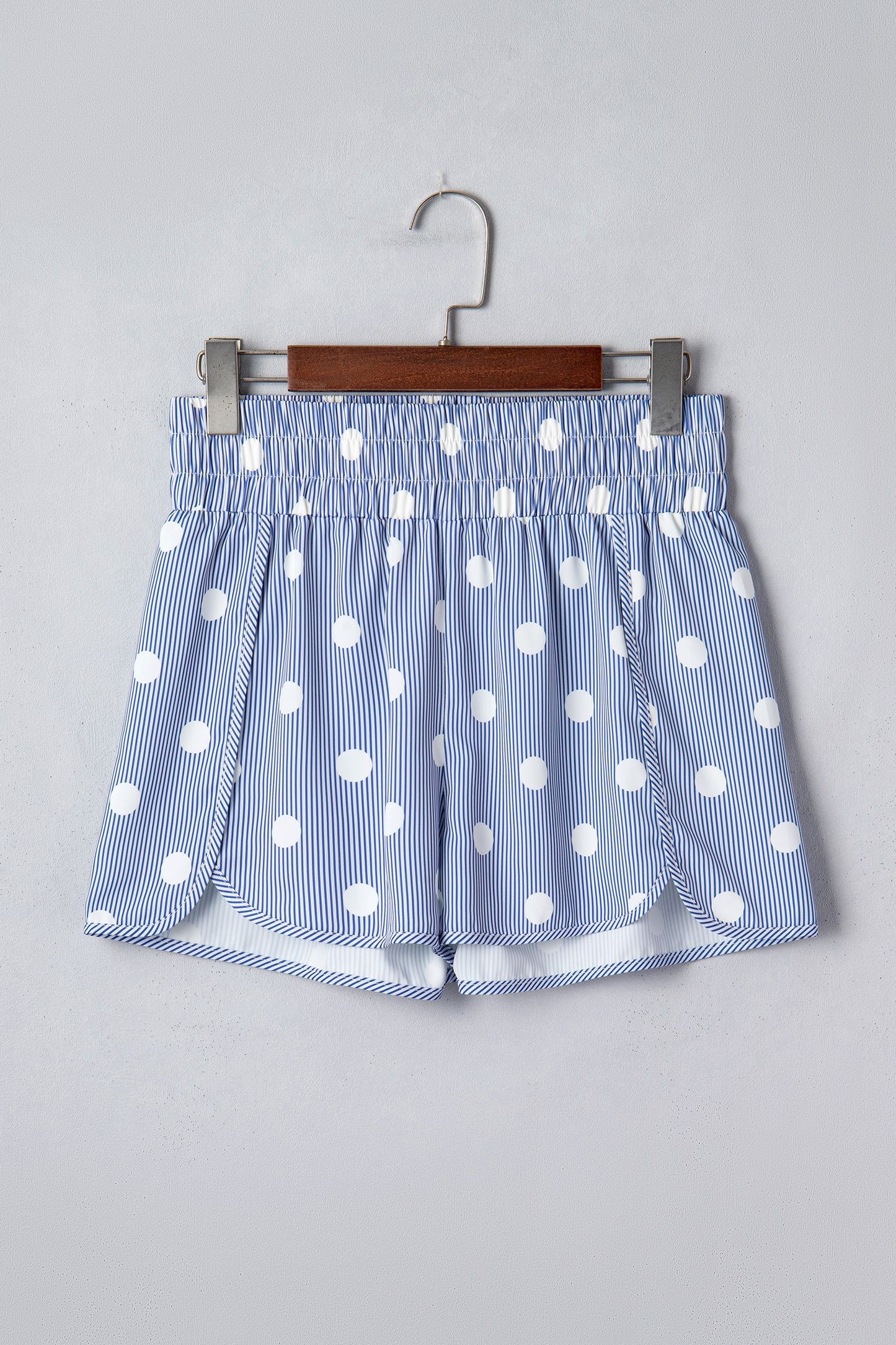 Sky Blue Polka Dot Print Shirred High Waist Casual Shorts