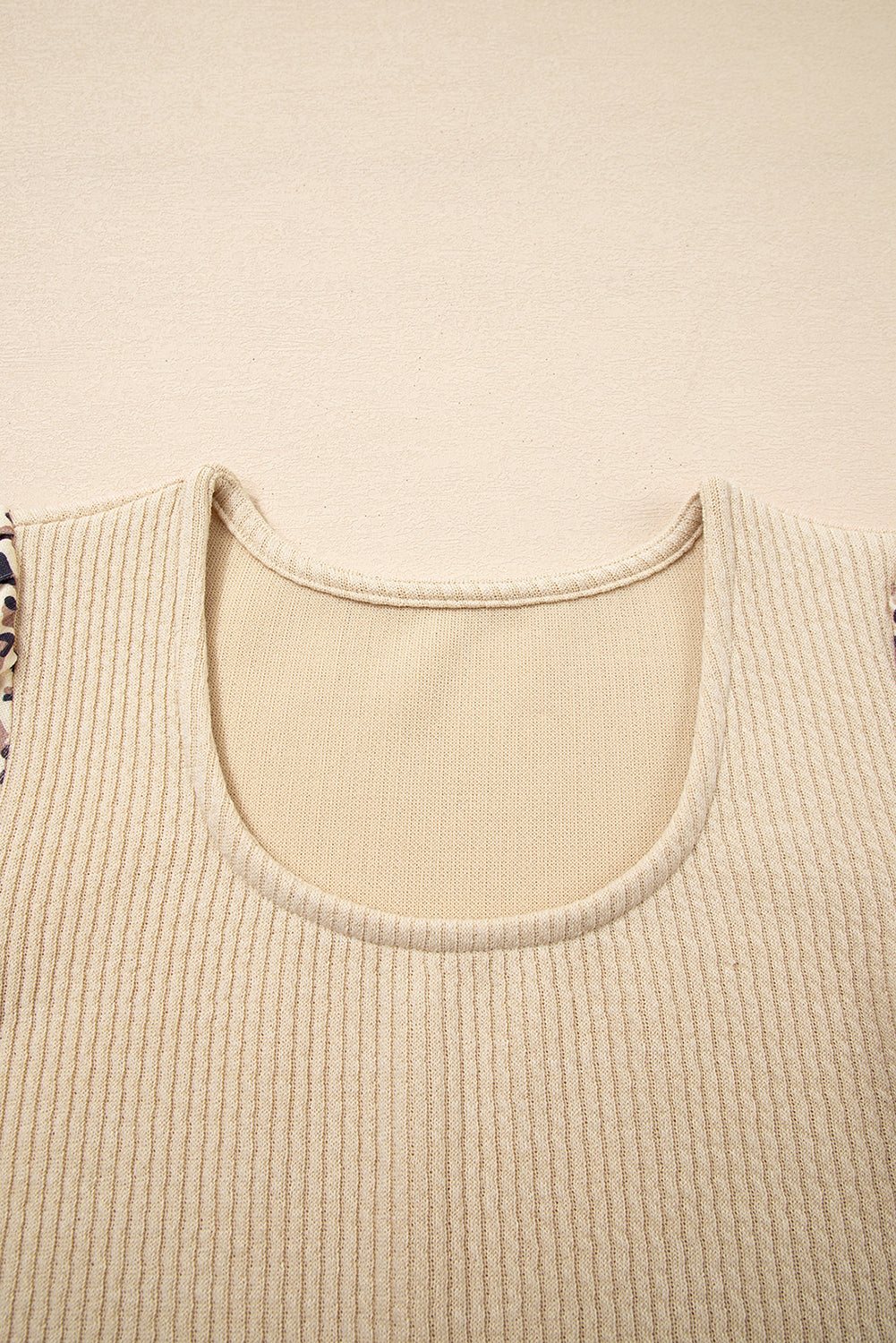 Apricot Leopard Sleeve Patchwork Ribbed Knit U Neck Top