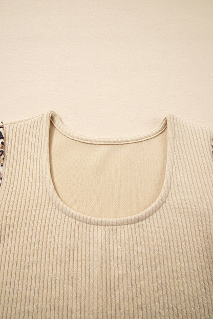 Apricot Leopard Sleeve Patchwork Ribbed Knit U Neck Top