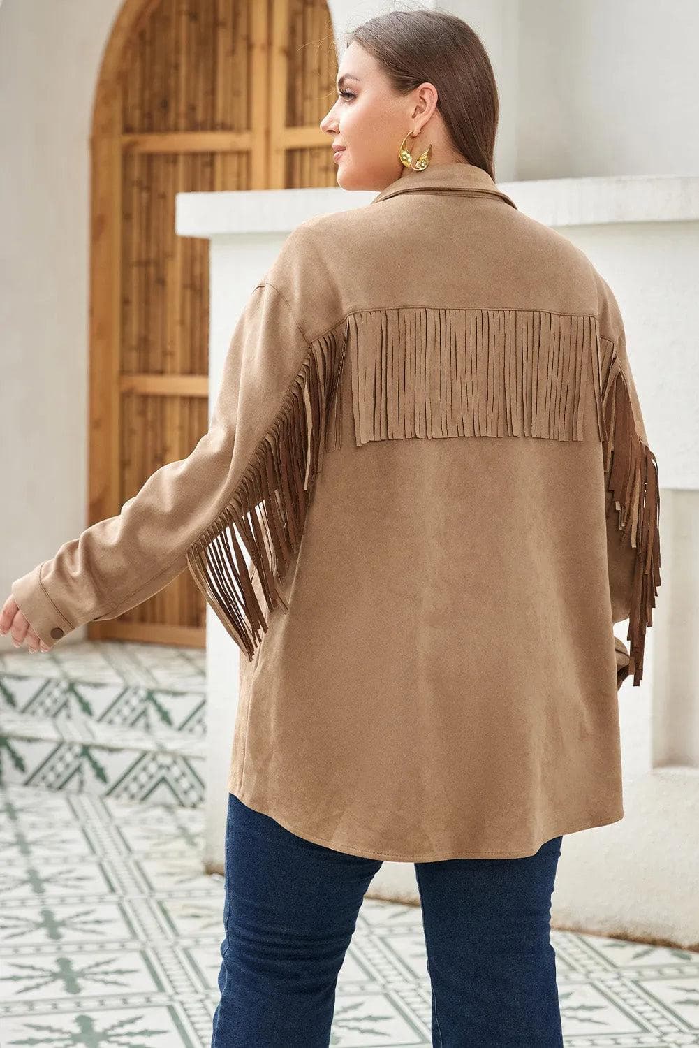 Plus Size/Plus Size Outerwear Khaki Fringe Trim Plus Size Suede Shacket