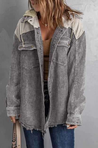 Gray Color Block Button Down Hooded Corduroy Jacket - Chic Meadow Boutique 