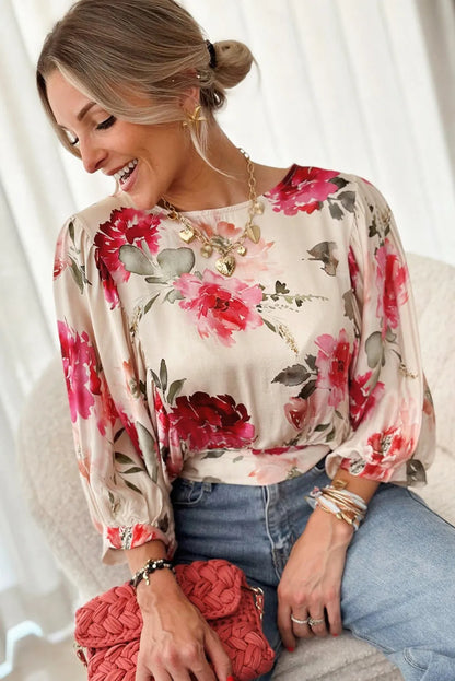 Rose Floral 3/4 Sleeve Lace-up Back Blouse - Chic Meadow Boutique 