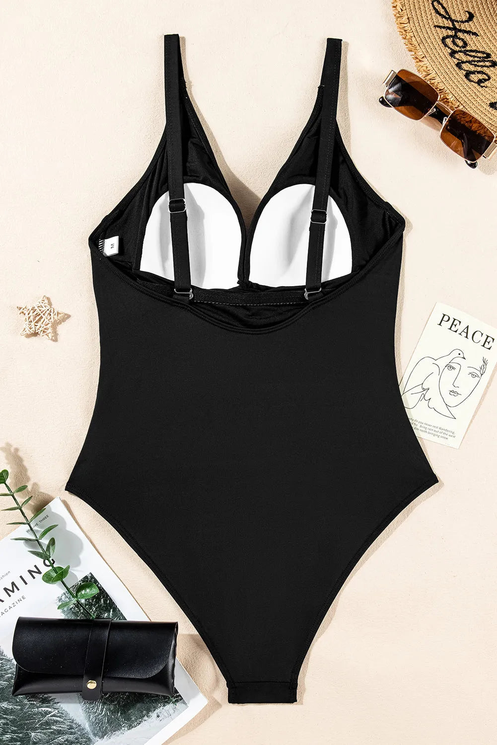 Black V Neck Twist Ruched Crisscross Backless One-Piece Swimsuit - Chic Meadow Boutique 