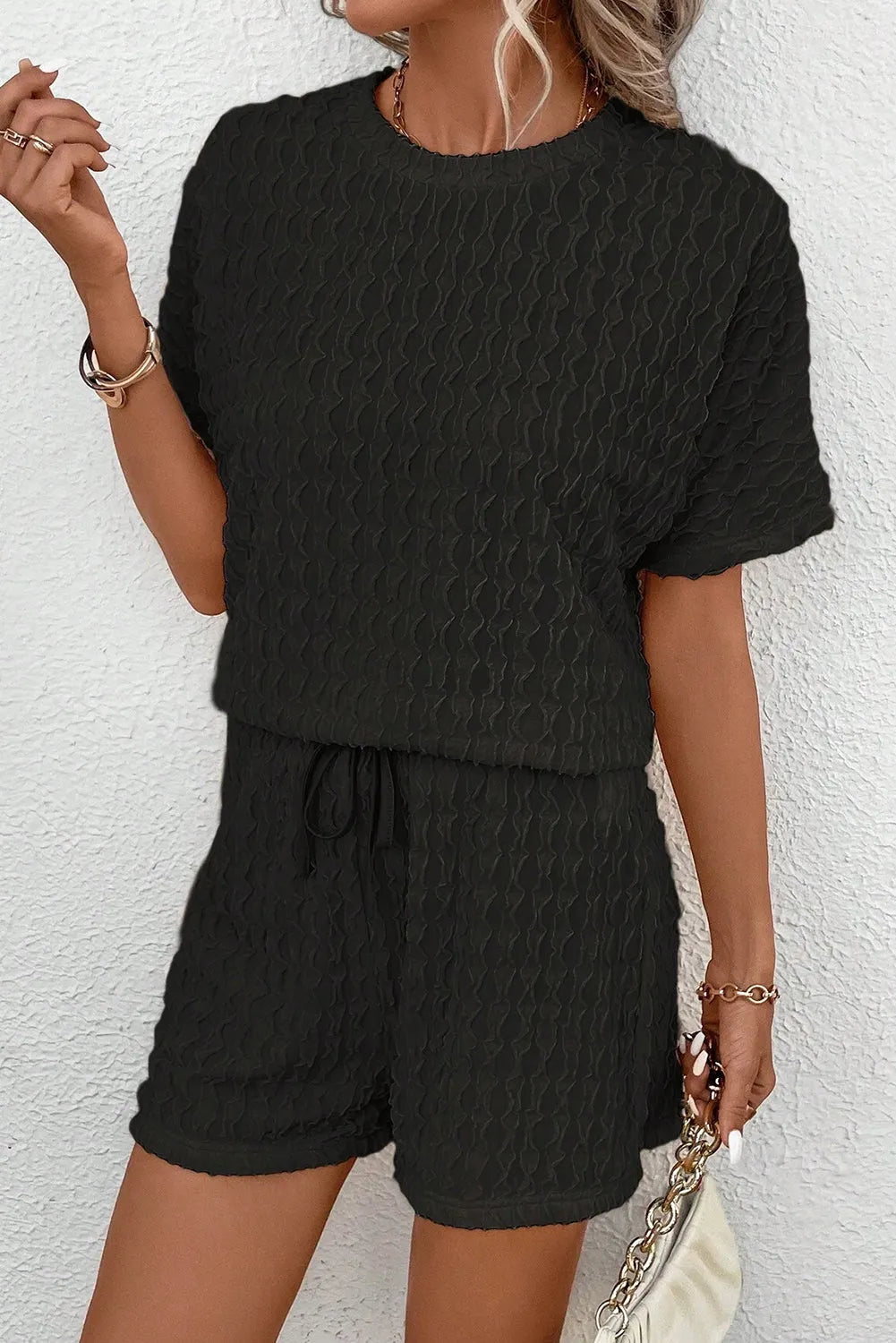 Black Frill Textured Short Sleeve Top and Drawstring Shorts Set - Chic Meadow Boutique 