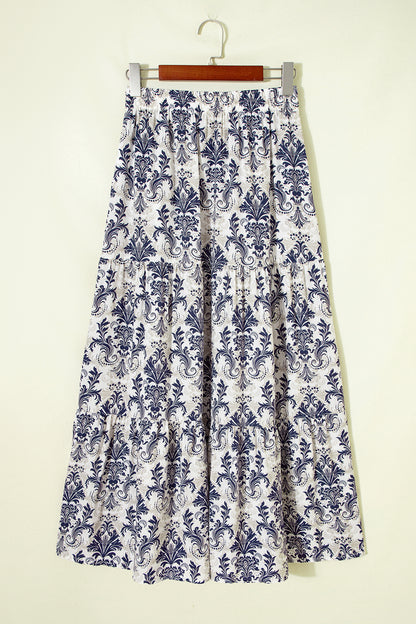 Blue Bohemian Floral Print Tiered Maxi Skirt with Split