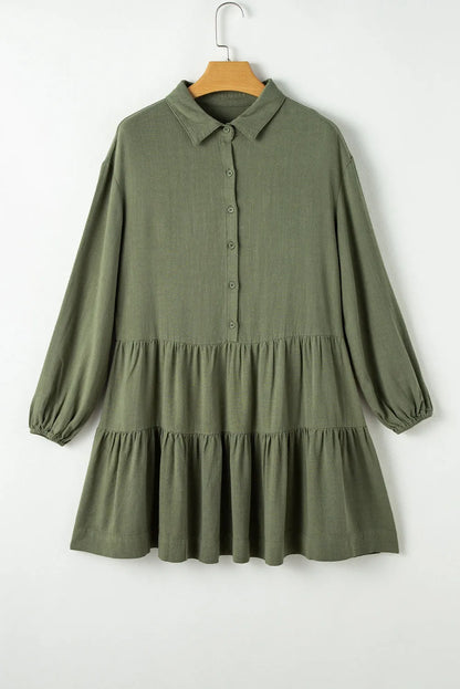 Jungle Green Puff Sleeve Buttoned Tiered Pleated Shirt Mini Dress - Chic Meadow Boutique 