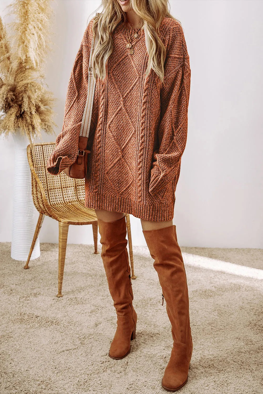 Coffee Cable Knit Drop Shoulder Loose Fit Sweater Dress - Chic Meadow Boutique 