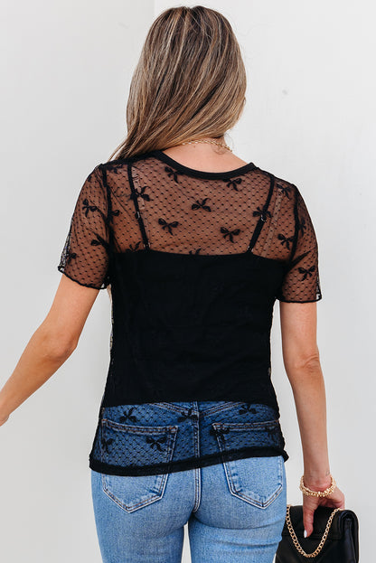Black Bow Knot Dotted See-through Mesh Patched Slim Fit Blouse
