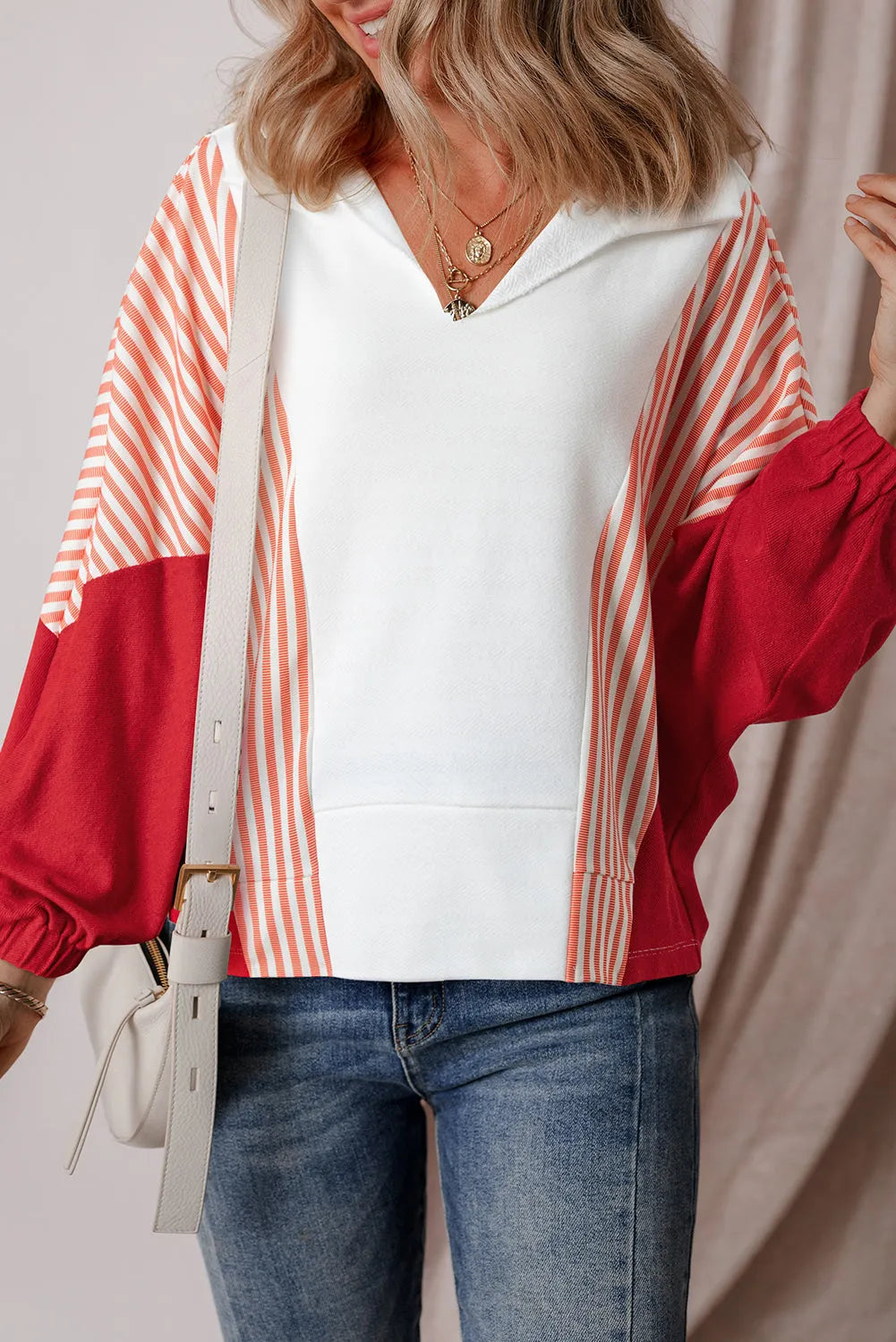 White Striped Color Block Collared V Neck Oversized Sweatshirt - Chic Meadow Boutique 