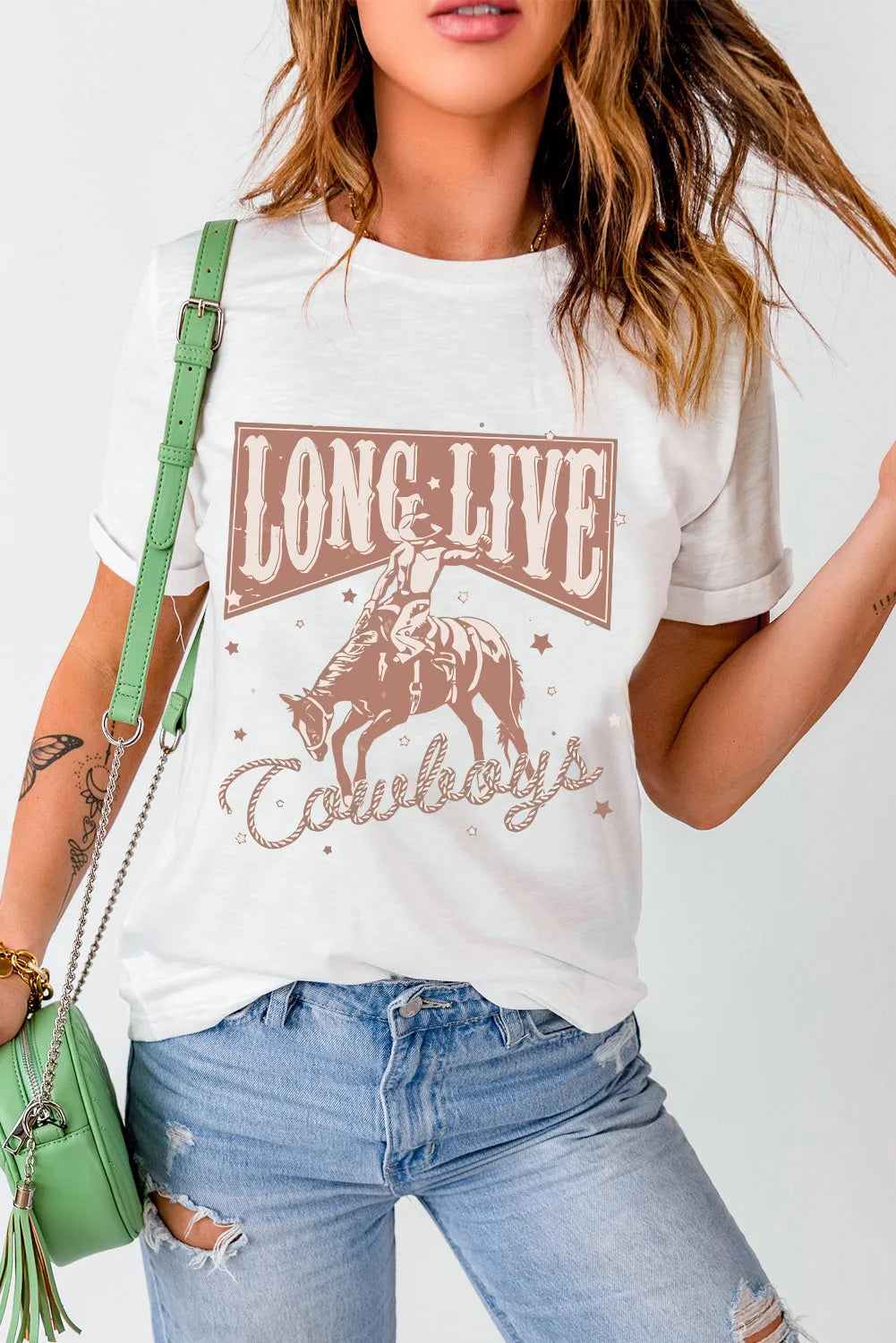 White LONG LIVE Cowboy Graphic Crewneck T Shirt - Chic Meadow Boutique 