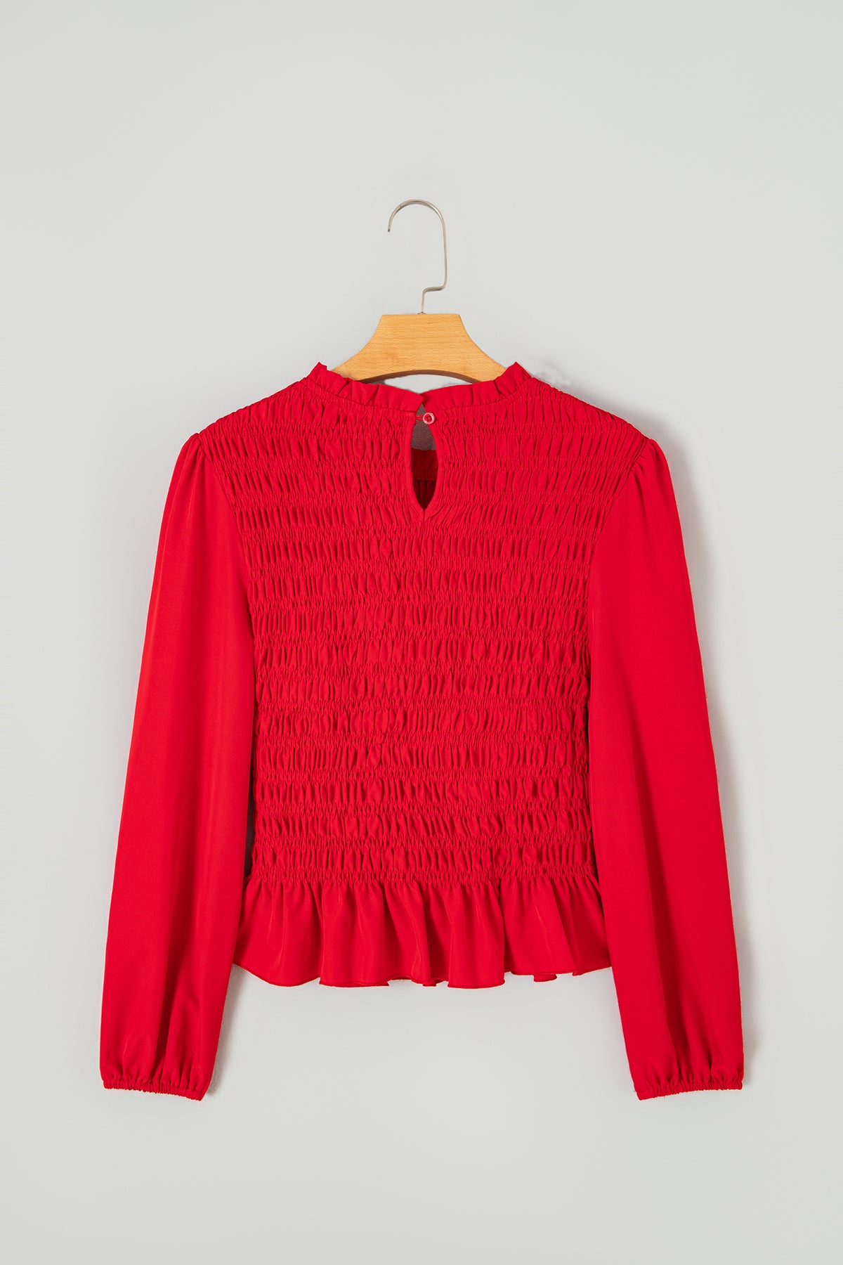 Racing Red Solid Color Smocked Ruffle Hem Long Sleeve Blouse