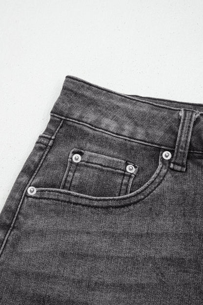 Dark Grey Irregular Distressed Bottom Denim Midi Skirt