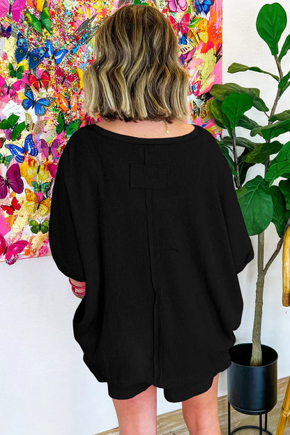 Black Waffle Knit Oversize Tee and Shorts Set - Chic Meadow Boutique 