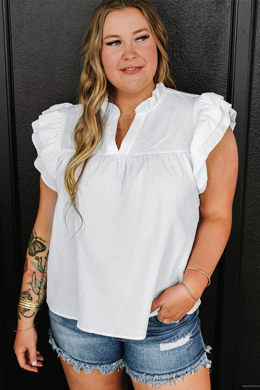 White Textured Ruffled Flutter Sleeve Plus Size Blouse - Chic Meadow Boutique 