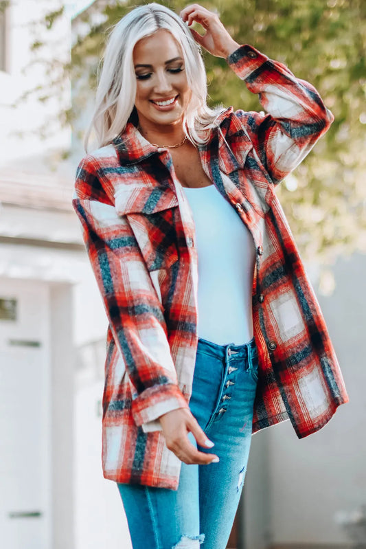 Red Turn down Neck Plaid Pocket Button Closure Coat - Chic Meadow Boutique 