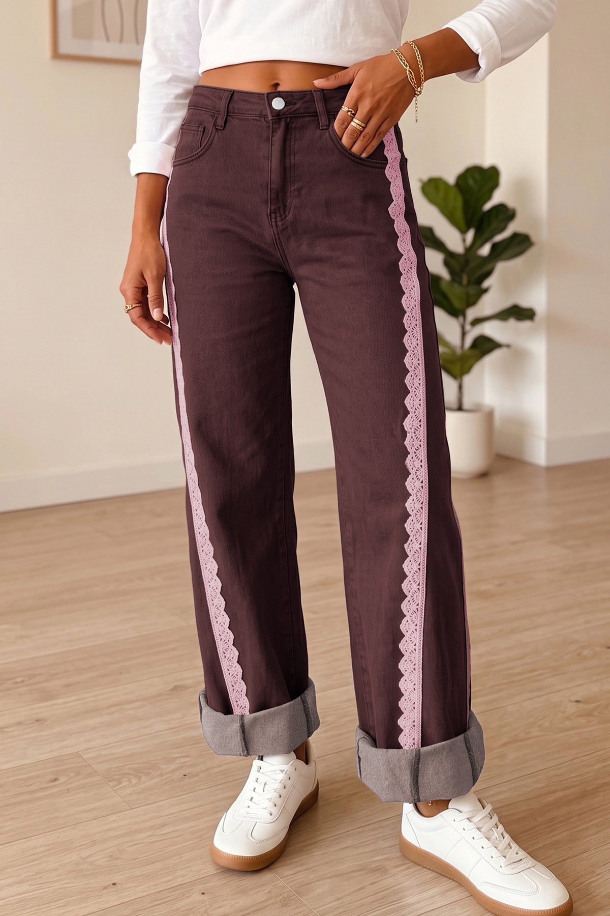 Coffee Lace Trim Casual Full-Length Regular Fit Jeans