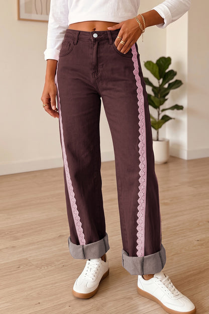 Coffee Lace Trim Casual Full-Length Regular Fit Jeans