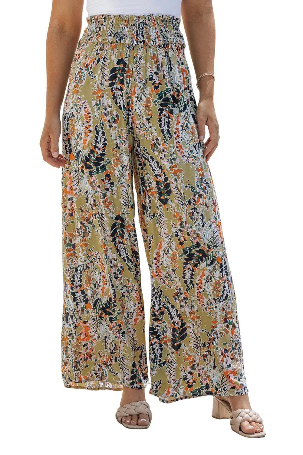 Bottoms/Pants & Culotte Multicolor Floral Print Shirred High Waist Wide Leg Casual Pants