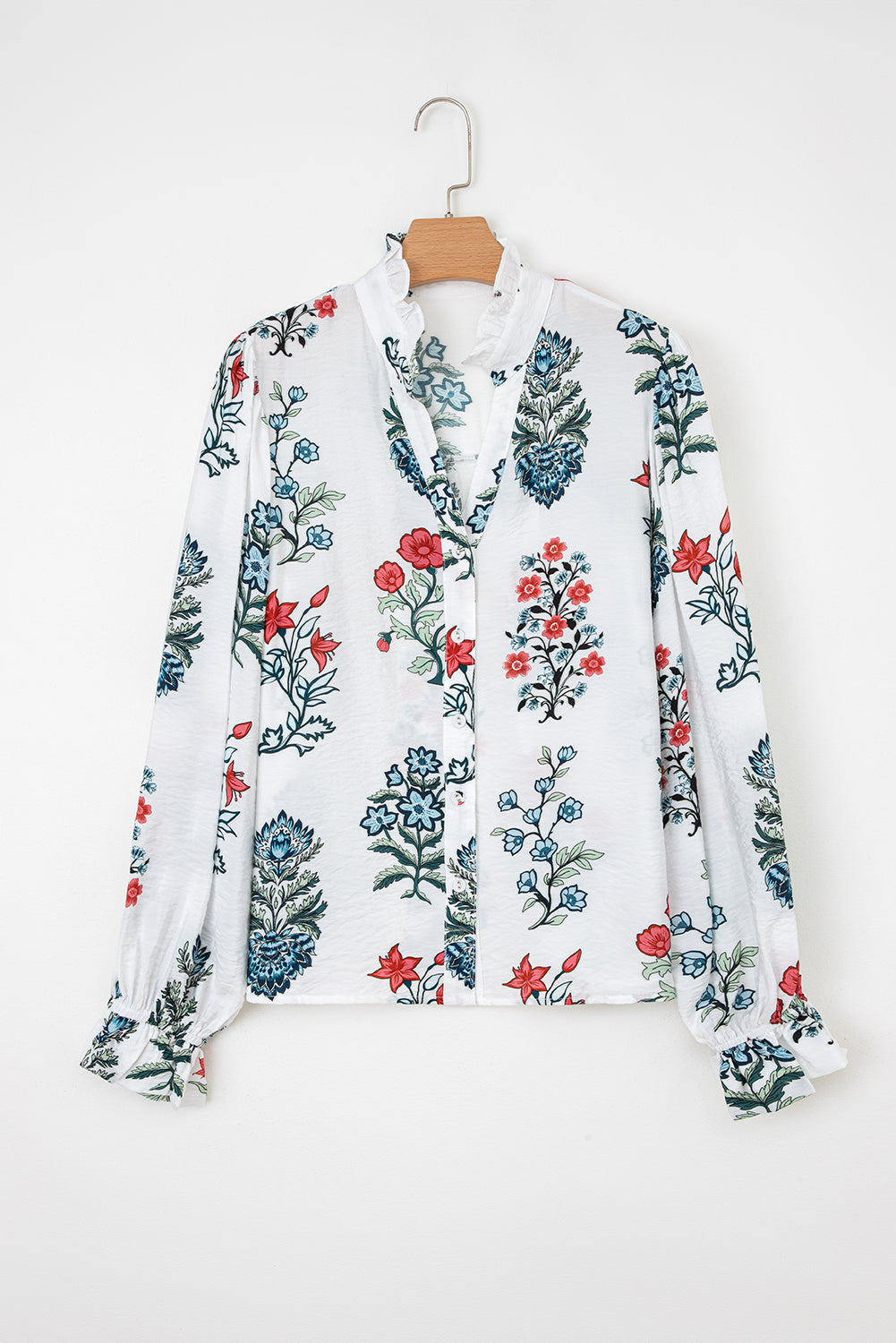 White Floral Print Frilled Collar V Neck Button Down Long Sleeve Shirt