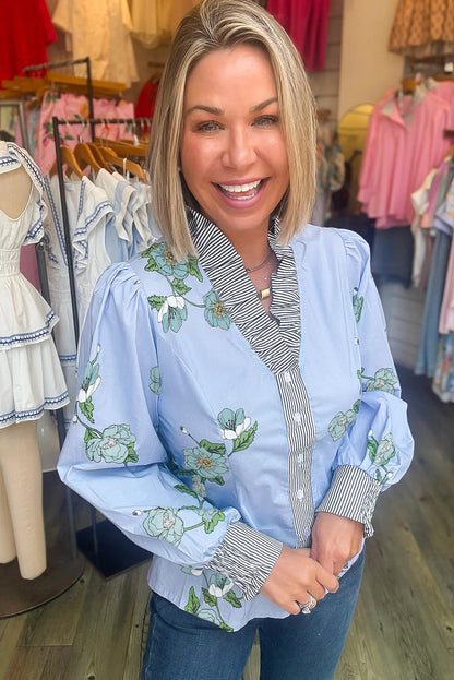 Sky Blue Floral Print Contrast Striped Trim Ruffled V Neck Fall Blouse