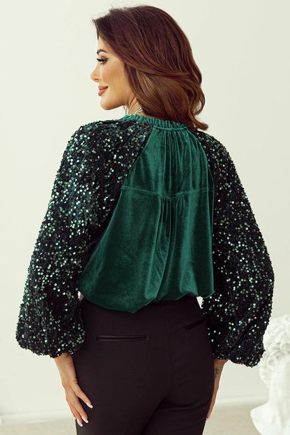 Evergreen Sequin Patchwork Sleeve Button Up Velvet Top - Chic Meadow Boutique 