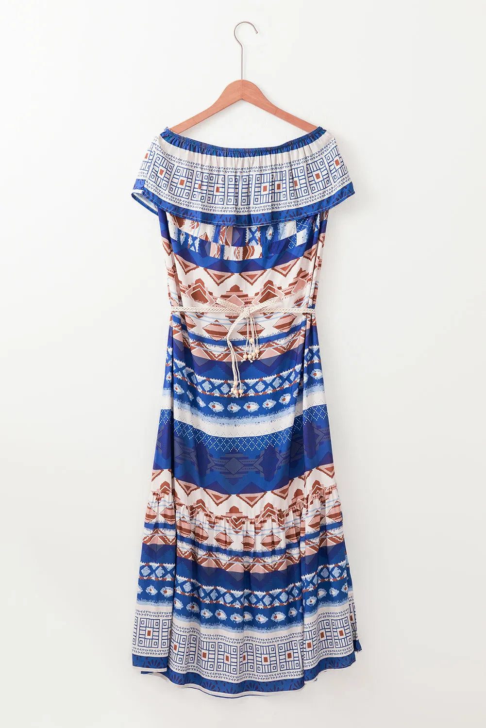 Blue Ethnic Print Ruffle Strapless Tie Waist Maxi Dress - Chic Meadow Boutique 