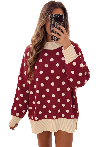 Red Polka Dot Pattern Ribbed Colorblock Trim Split Tunic Sweater